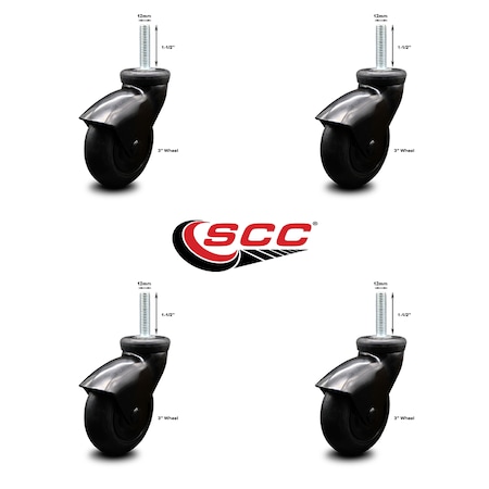 Service Caster 3 Inch Black Hooded Neoprene Rubber 12mm Threaded Stem Casters SCC, 4PK SCC-TS03S310-NPRB-BK-M1215-4